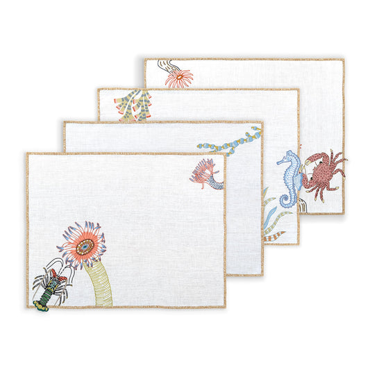 Hand Embroidered Marine Life Placemats 14" × 18" (Set of 4)