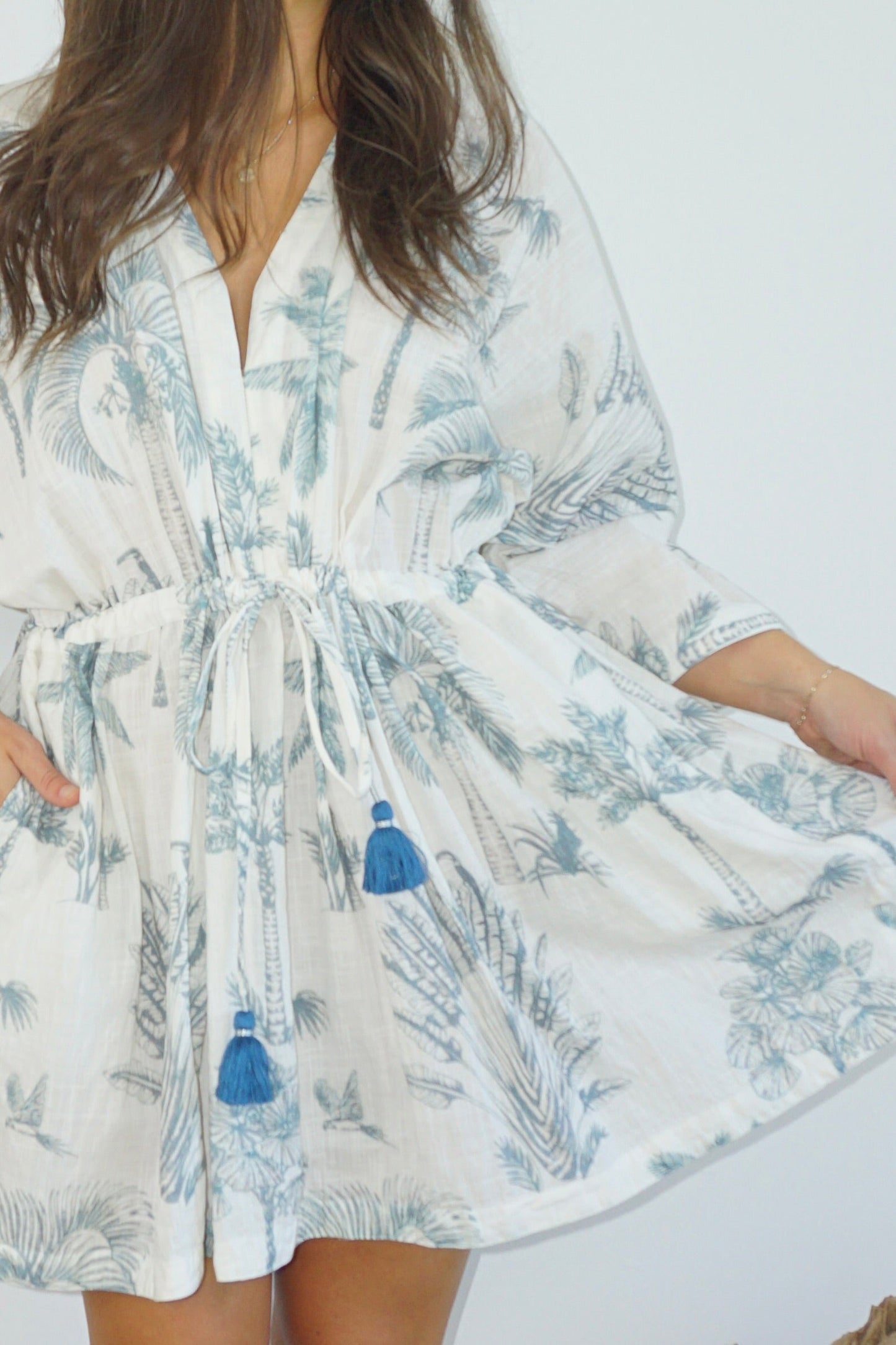 Savannah Kaftan in Faded Teal Palms