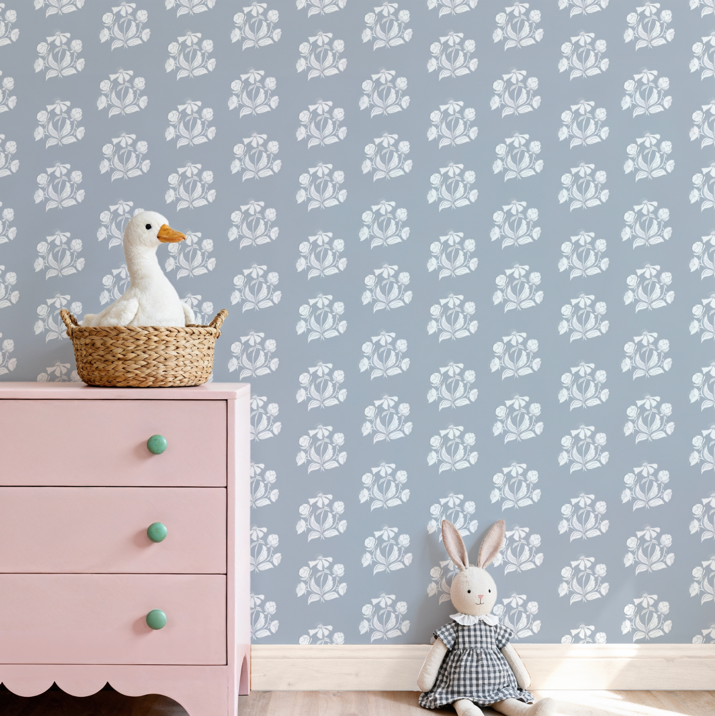 Peony Bundle in Salt on Blue Wallpaper