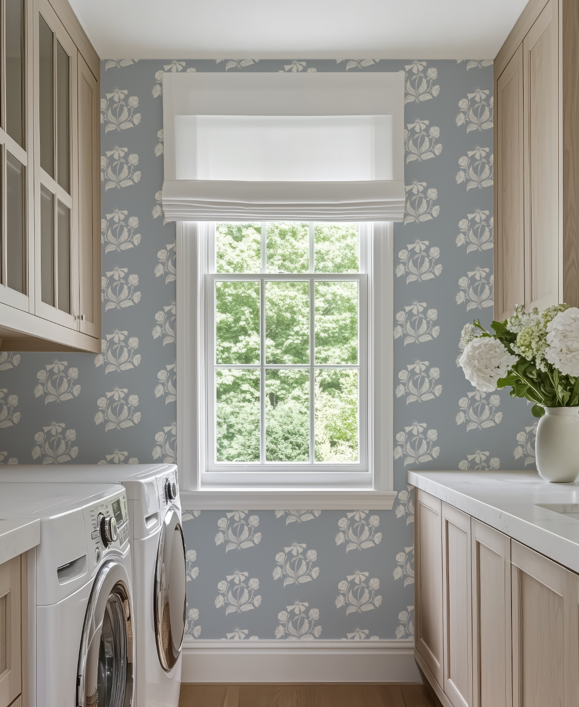 Peony Bundle in Salt on Blue Wallpaper