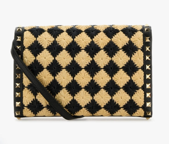 Valentino Garavani Women Two-Tone Raffia Rockstud Designer Luxury Crossbody Bag