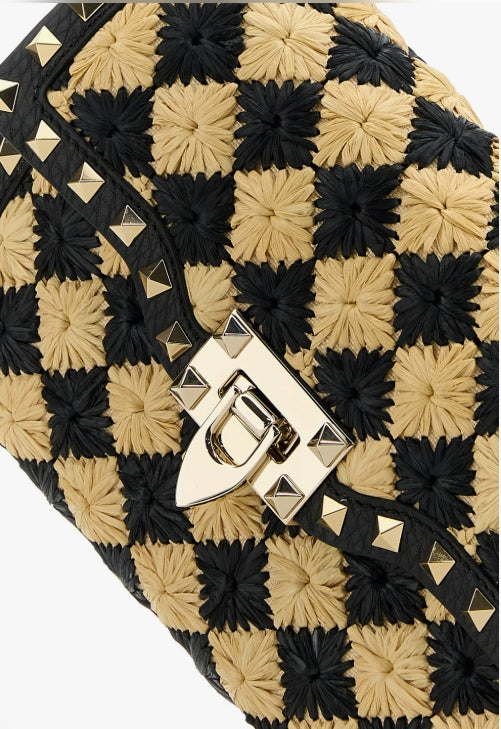 Valentino Garavani Women Two-Tone Raffia Rockstud Designer Luxury Crossbody Bag
