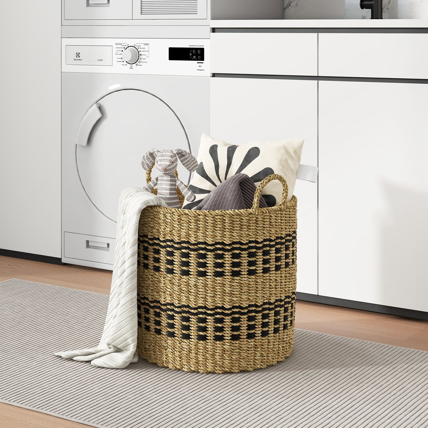 Seagrass Basket Set of 3 Stackable Storage Bins with Handles Woven Round Basket