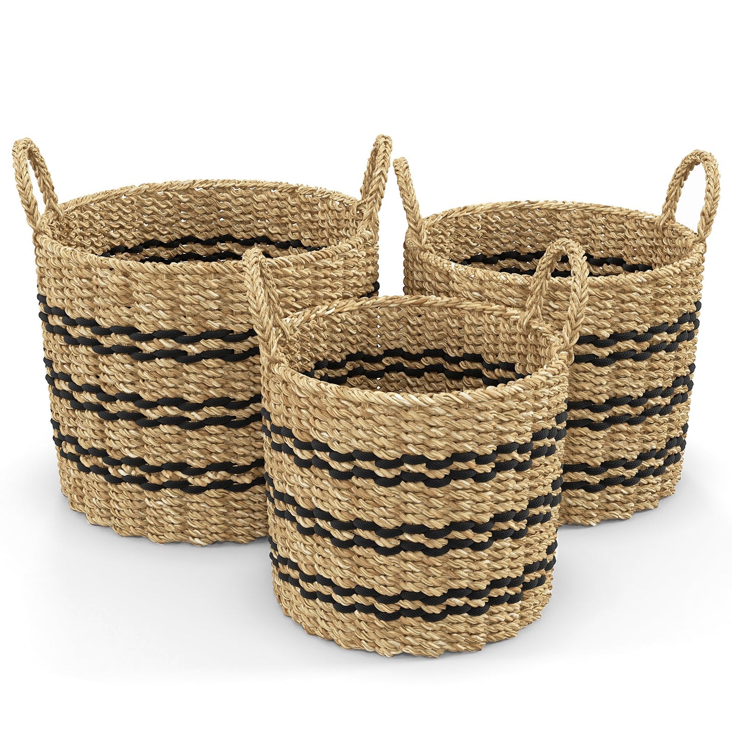 Seagrass Basket Set of 3 Stackable Storage Bins with Handles Woven Round Basket