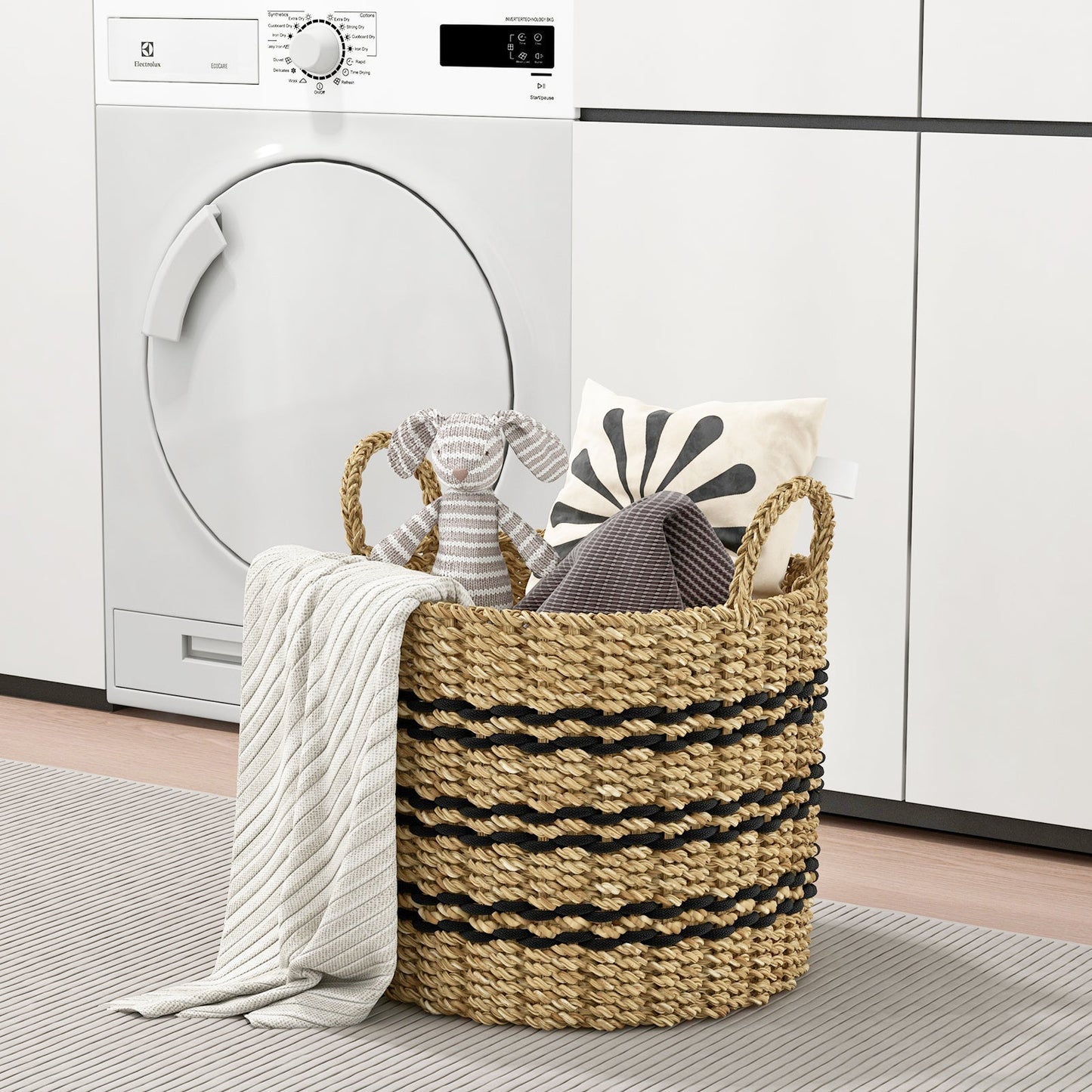 Seagrass Basket Set of 3 Stackable Storage Bins with Handles Woven Round Basket