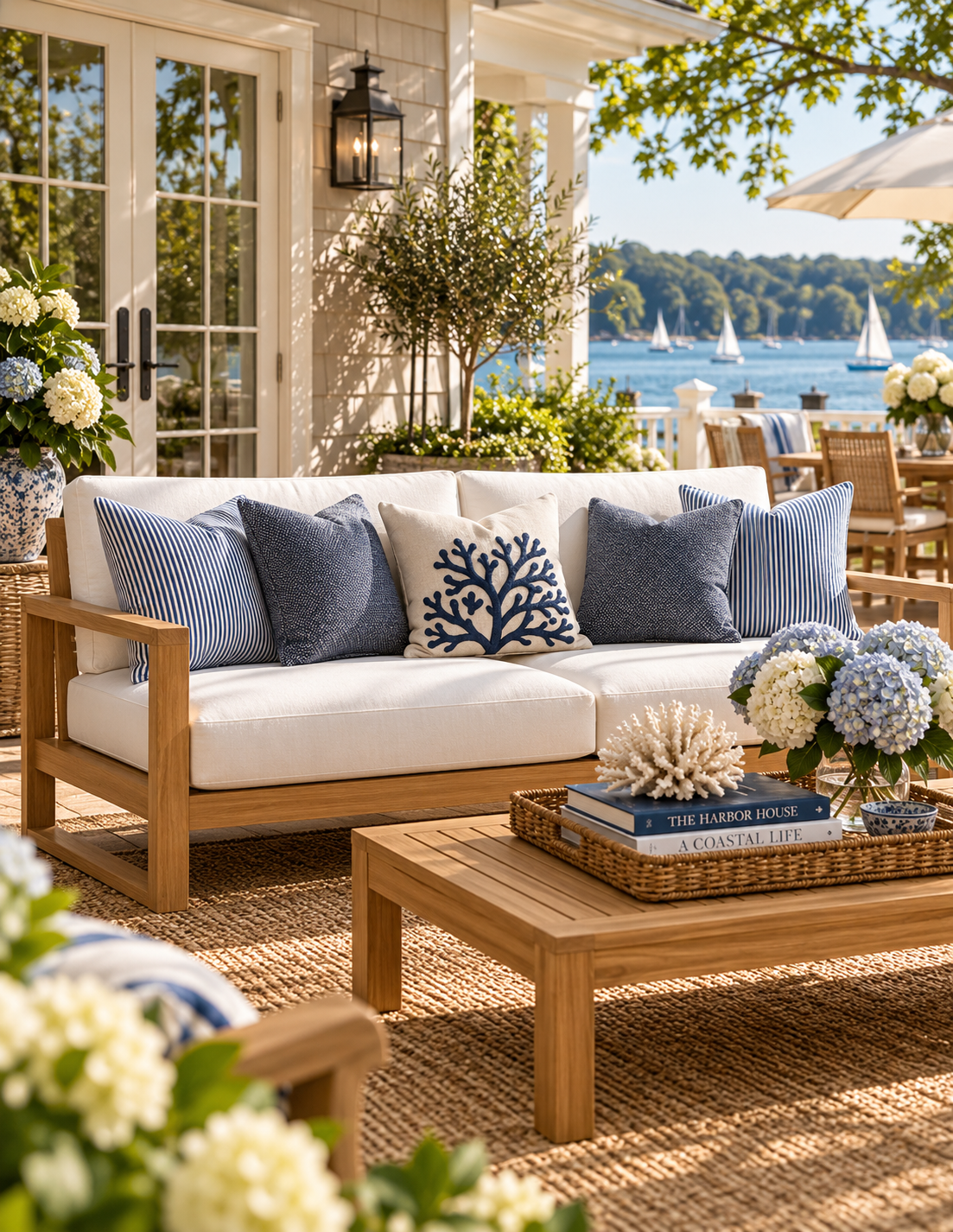 Outdoor patio furniture set in a bright coastal patio setting, featuring a light wood sofa with white cushions and blue striped and navy decorative pillows, a matching wooden coffee table, and a woven rug with a view of the water and boats in the background.