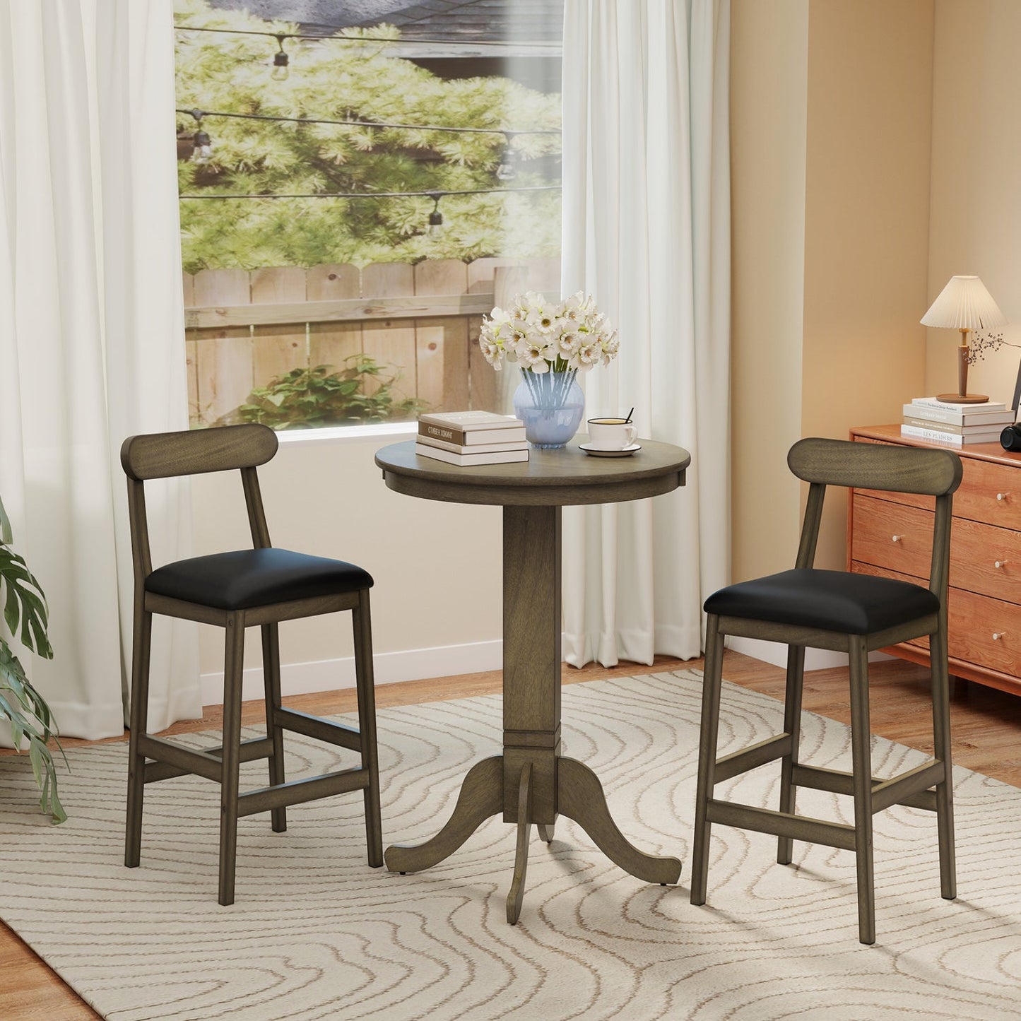 Set of 2 Bar Stools Upholstered with Rubber Wood Legs and Footrests-Oak