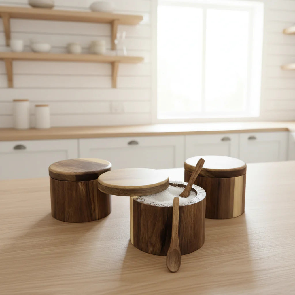 Acacia Wood Salt Cellar + Spoon