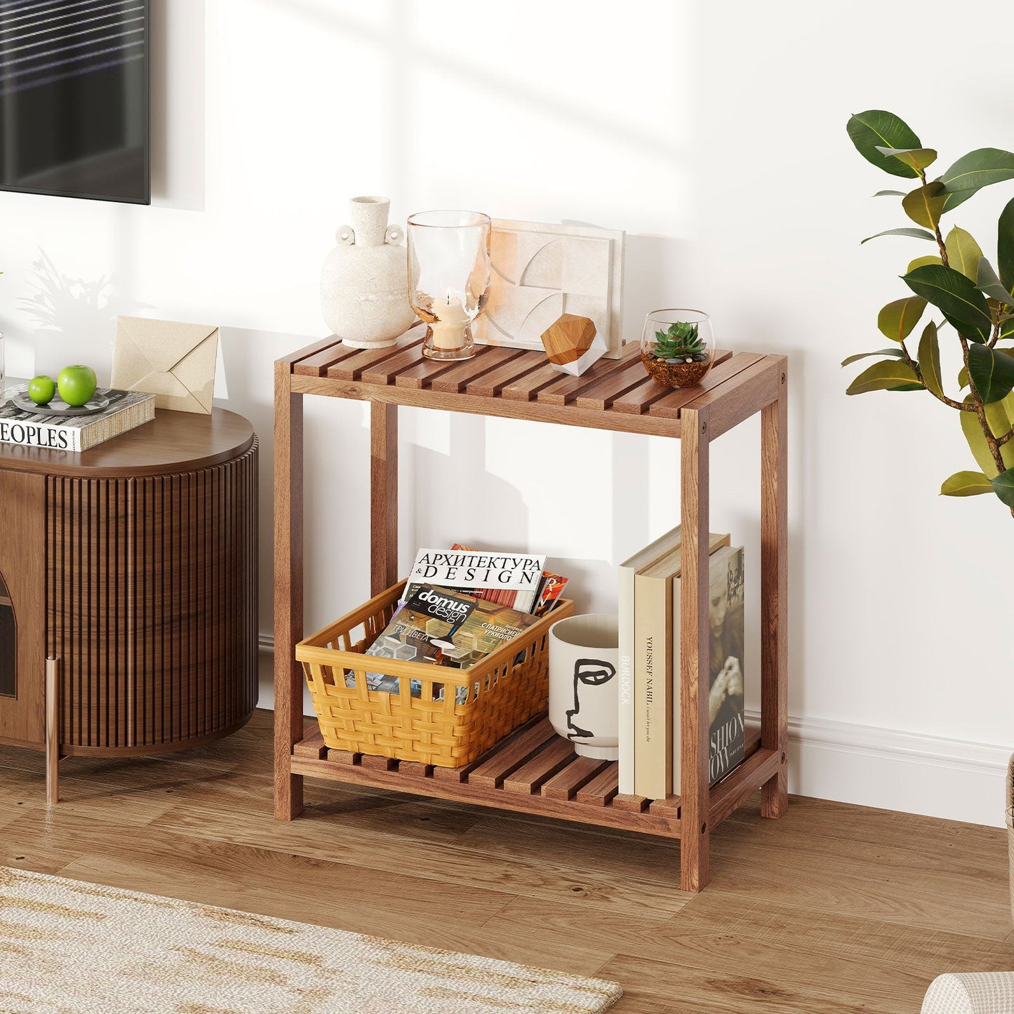2/3-Tier Side Table Teak Wood Stand Utility Storage Shelf-3