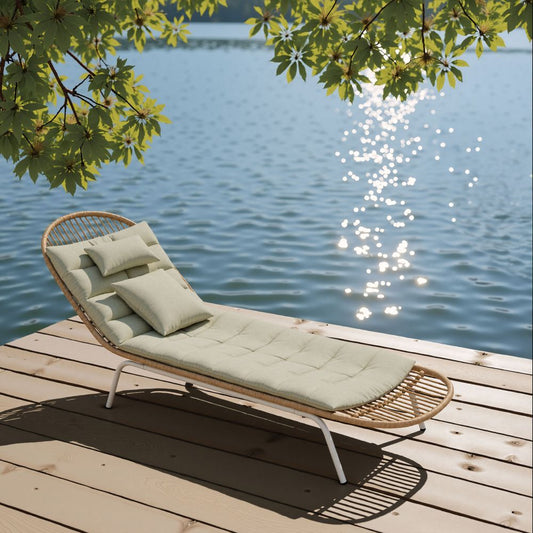 Skim Olefin Fabric Outdoor Luxury Upholstered Rattan Chaise Lounge Seating