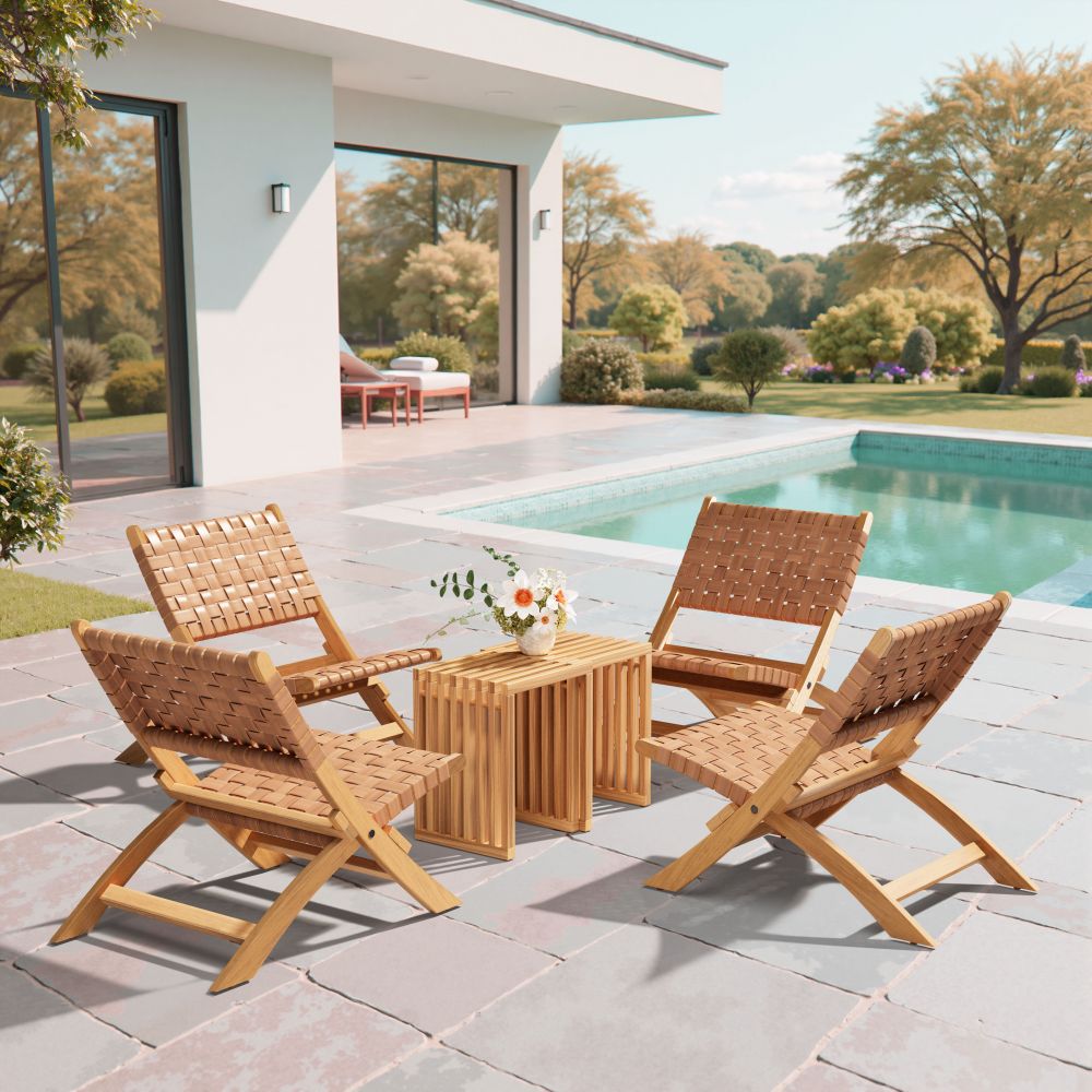 Sunflare Acacia Wood & Rattan Weave Outdoor Lounge Chair