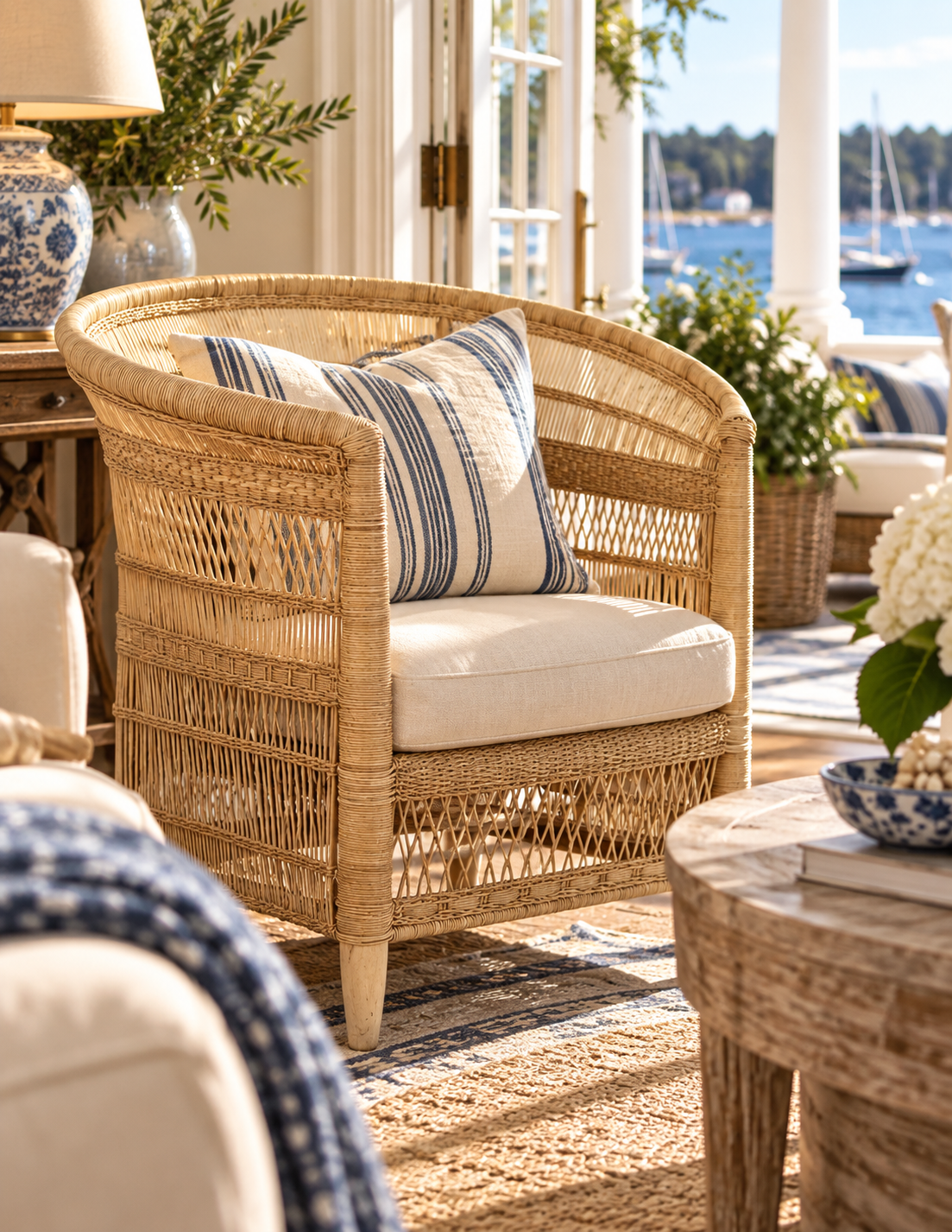 A natural woven rattan armchair with cream cushions and a blue-and-white striped accent pillow, styled in a bright coastal living room with a window overlooking the water.