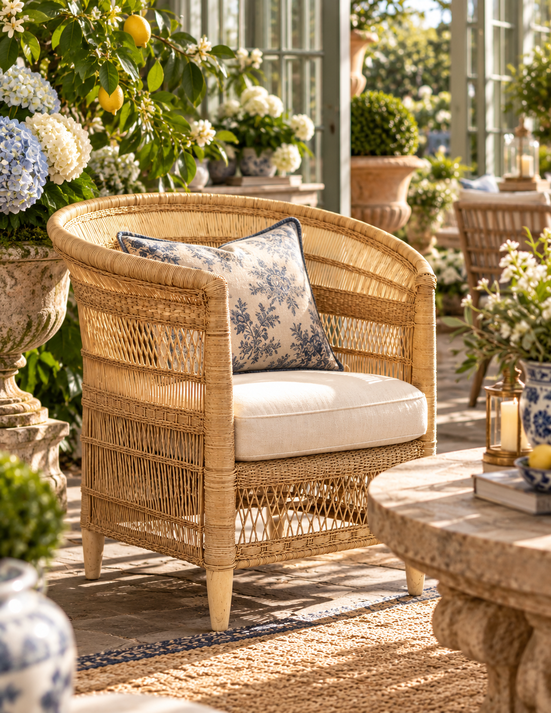 A natural wicker armchair with a cream cushion and a blue-and-white floral accent pillow, styled on a sunlit outdoor patio with flowers, greenery, and a stone table in the background.