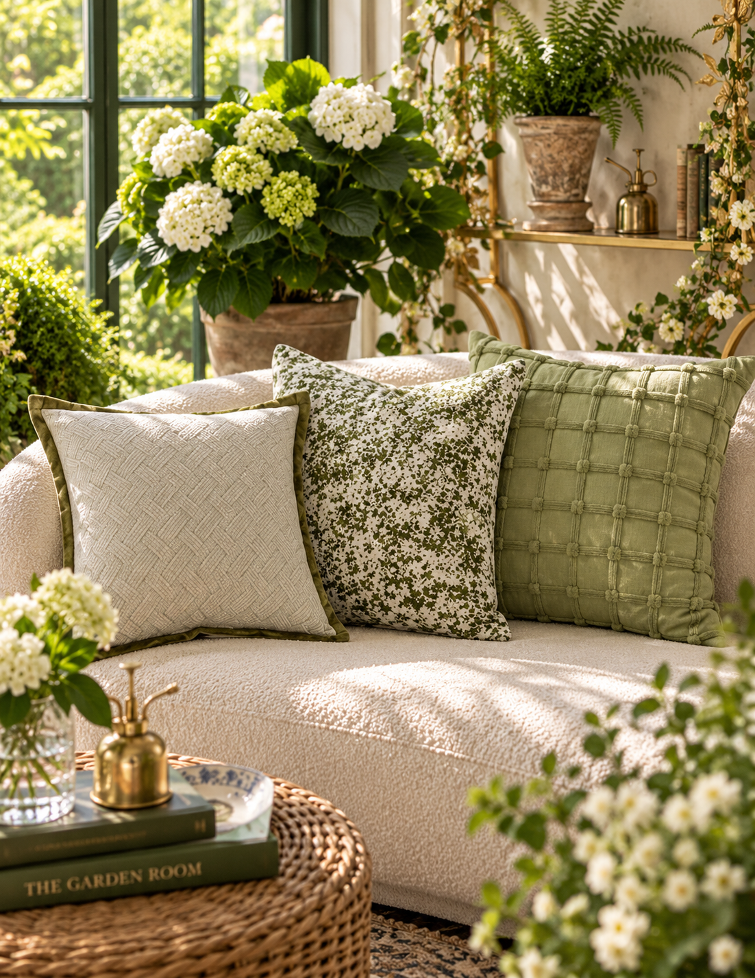 Three decorative throw pillows styled on a cream-colored outdoor sofa in a garden setting. The pillows include a textured cream pillow with a subtle diamond pattern, a green and white floral print pillow, and a sage green quilted pillow.