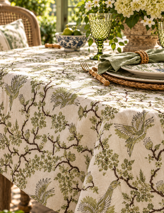 Sage Bird & Blossom Toile Cotton Tablecloth