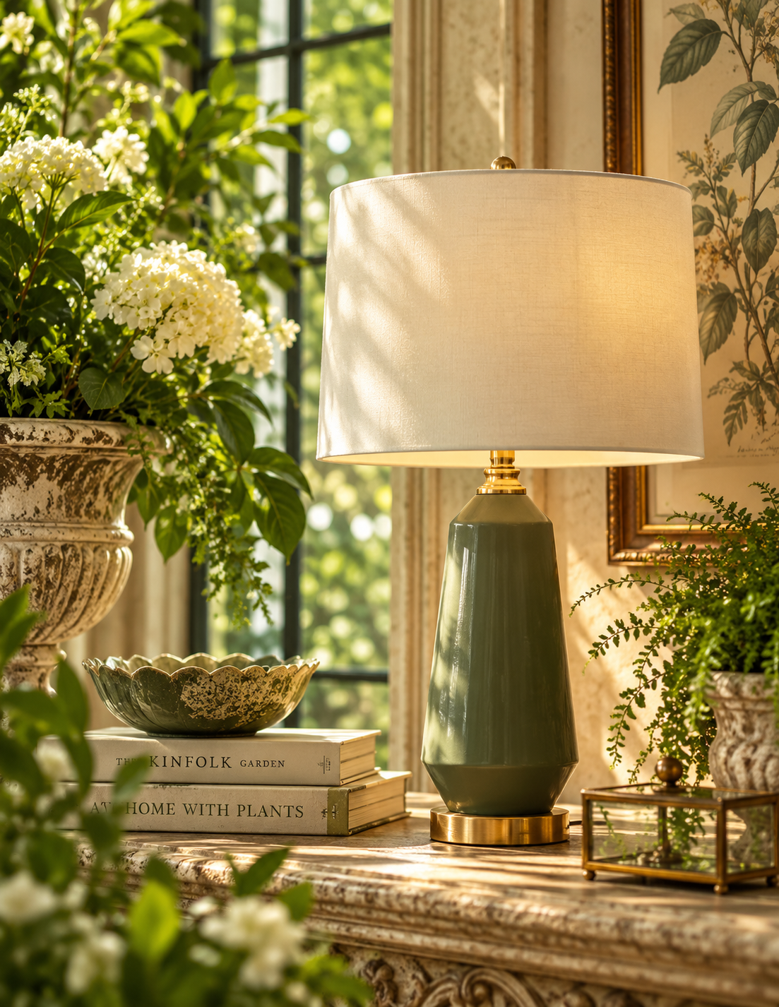 Verdant Garden Green Ceramic Table Lamp with Linen Shade | Bay & Bridle