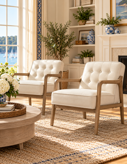 Two tufted armchairs with cream upholstery and light wood frames in a bright, sunlit living room. The chairs are arranged on a woven rug beside a round wooden coffee table, with a window, fireplace, plants, and shelving in the background.