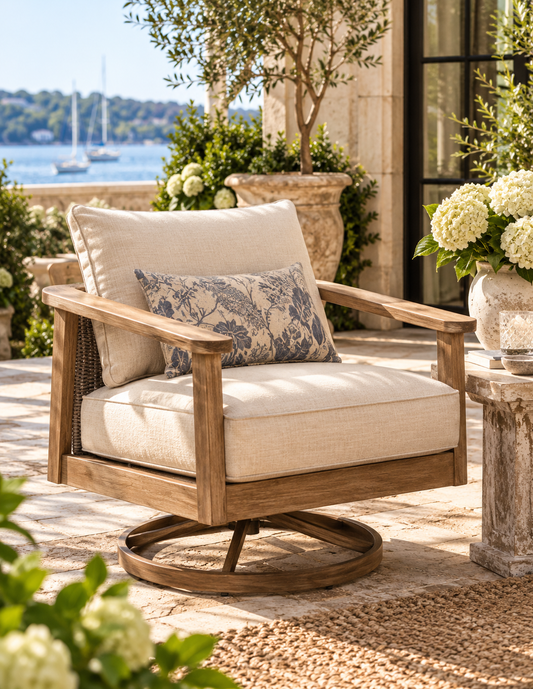 Outdoor swivel armchair with a round wooden base, light beige cushions, and a blue-and-white patterned accent pillow, set on a stone patio with a waterfront view in the background.