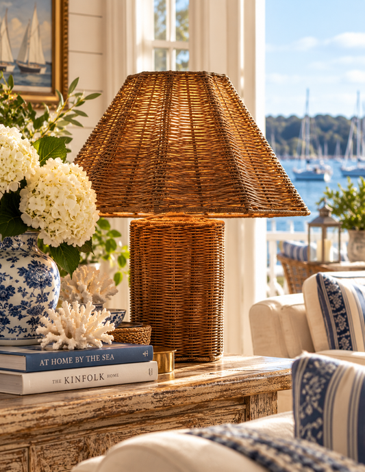 A woven natural rattan table lamp with a matching rectangular base sits on a wooden console table in a bright, nautical-themed living room. The lamp is styled with a blue-and-white ceramic vase of white hydrangeas, books, and a coastal view of a marina in the background.