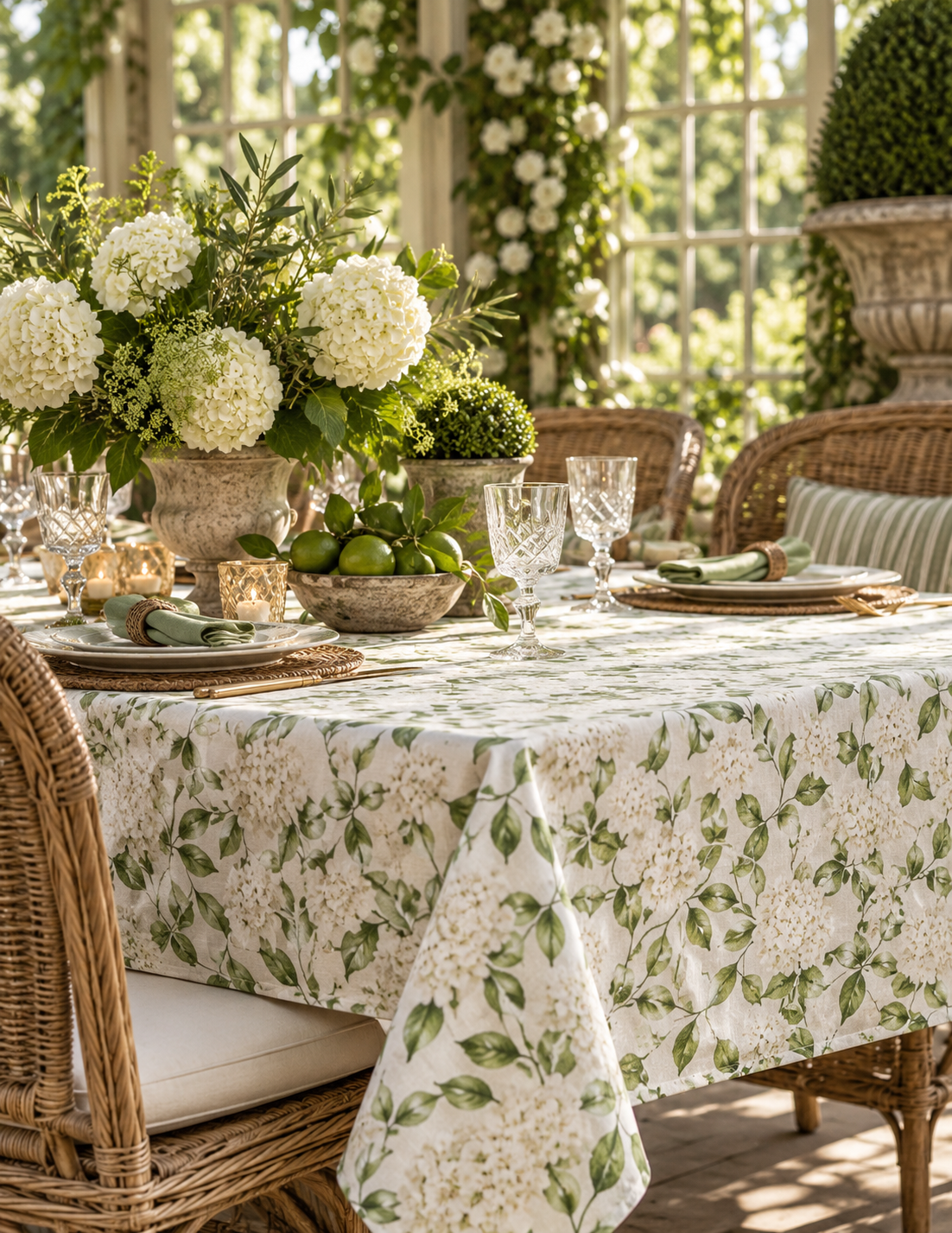 A dining table draped in a cream tablecloth with a green leaf and white floral print, styled with white flower arrangements, glassware, and wicker chairs in a sunlit garden patio setting.