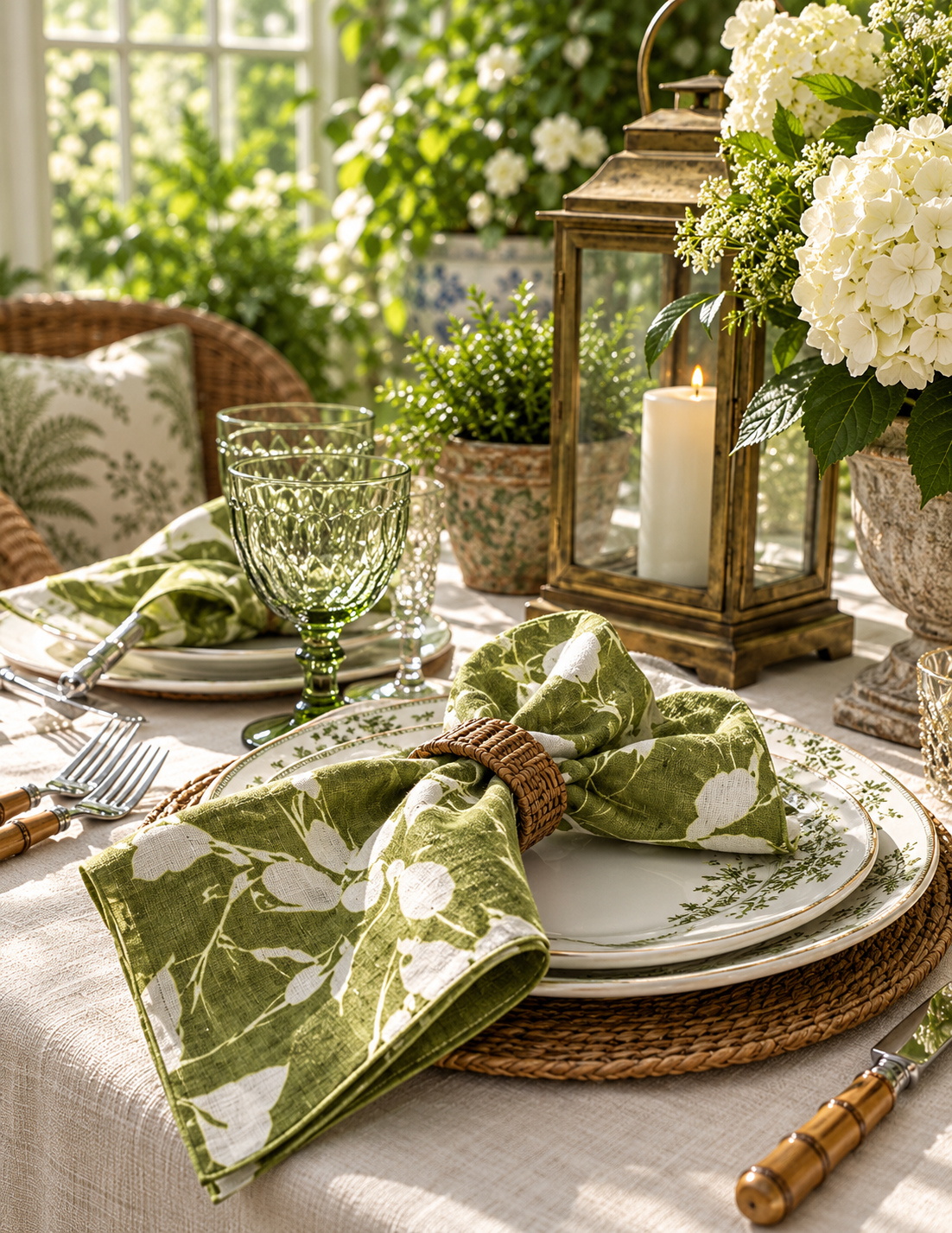 A styled outdoor dining table setting with green and white floral napkins tied with a woven ring, white plates, green glassware, a brass lantern with a lit candle, and white flowers in the background.