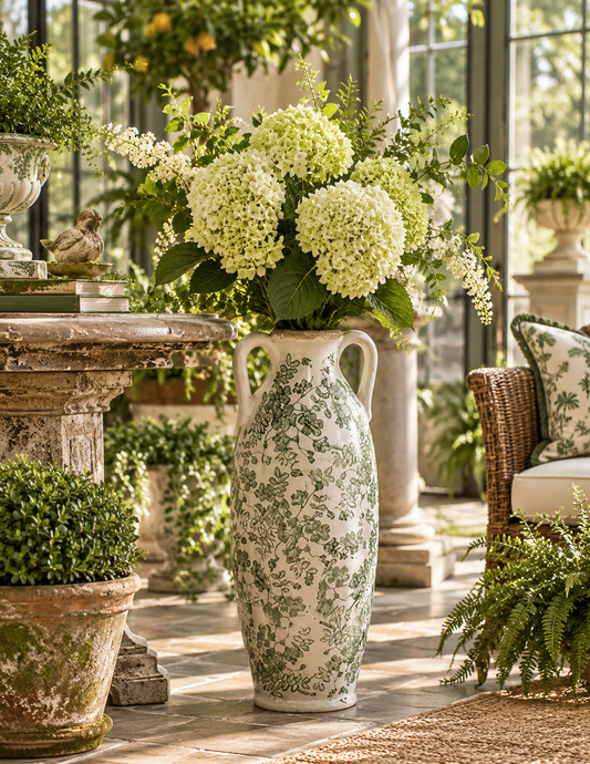A tall cream ceramic vase with a green toile floral pattern, filled with large pale green hydrangea blooms, displayed on a sunlit stone patio next to a wicker chair and potted plants.