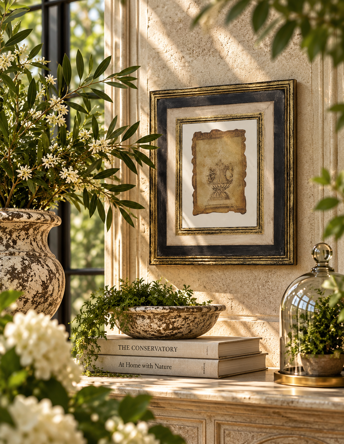A framed vintage-style botanical art print with a gold and navy frame hangs on a textured beige wall in a sunlit room. The scene is styled with a large vase of white flowers, a bowl of greenery on stacked books, and a glass cloche.
