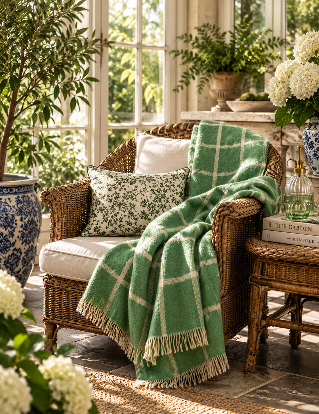 A green and cream plaid throw blanket with fringe is draped over a wicker armchair in a sunlit garden room, alongside a floral pillow and potted plants.