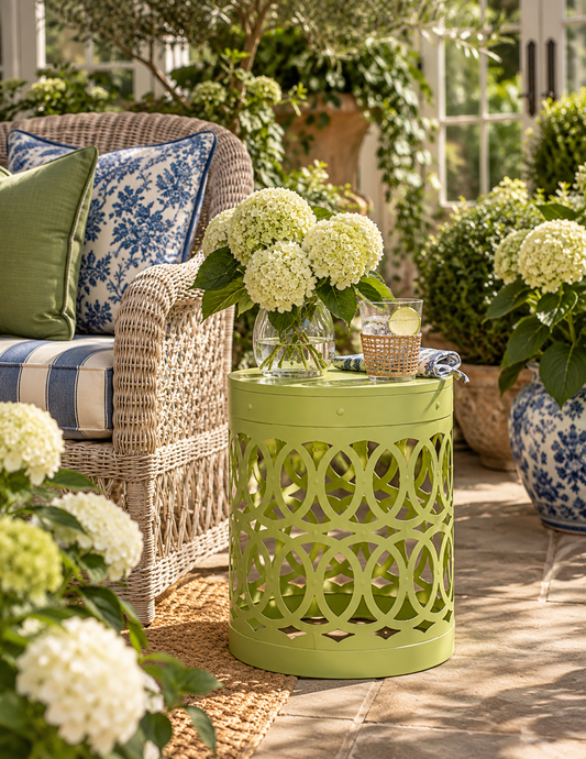 A lime green metal side table with a decorative circular lattice cutout pattern, styled on a patio next to a wicker armchair with blue and white patterned cushions. The table holds a glass vase with white hydrangea blooms and a small woven basket.