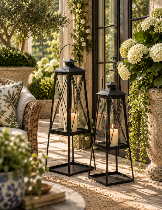 Two black metal lantern candles with clear glass panels are displayed on a sunlit stone patio next to a wicker sofa and potted plants.