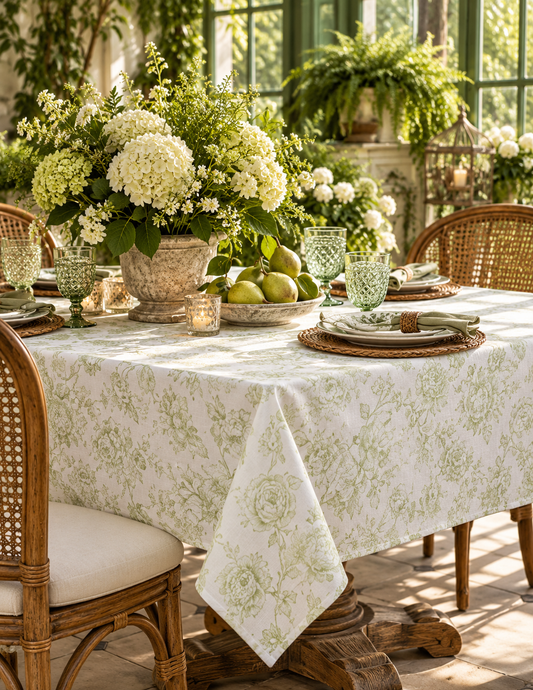 A rectangular dining table set in a sunlit greenhouse or garden room, covered with a white tablecloth featuring a soft sage green floral toile pattern. The table is styled with a large white hydrangea arrangement, green glassware, woven placemats, and a bowl of green apples.