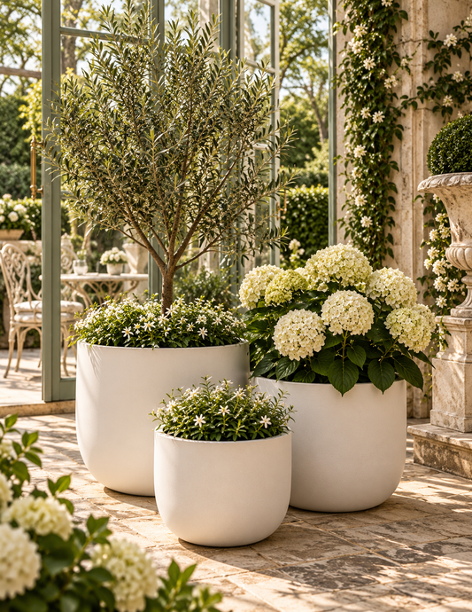 Three round white planters arranged on a stone patio in a sunlit garden conservatory, holding green foliage and white flowers.