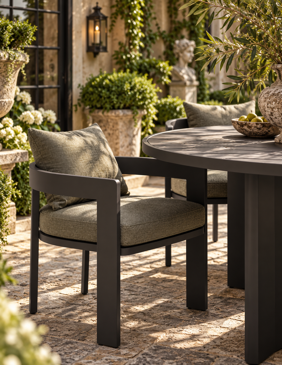 Modern outdoor patio dining set featuring a round dark gray table and two armchairs with dark gray frames and textured olive-green cushions, set on a stone patio in a garden courtyard.
