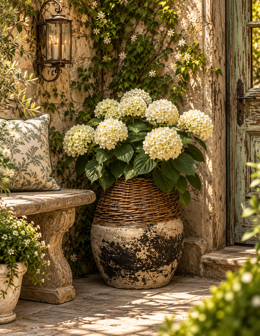 A large rustic wicker and distressed ceramic planter filled with lush green hydrangea bushes and white flower blooms, set in a sunlit stone courtyard next to a bench and weathered door.