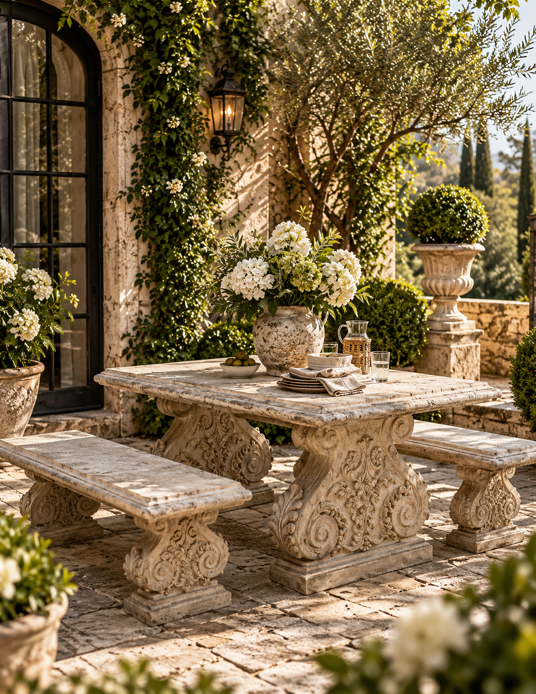 An ornate outdoor stone dining set with a rectangular table and two matching benches, styled on a stone patio with greenery, flowers, and a stone building in the background.