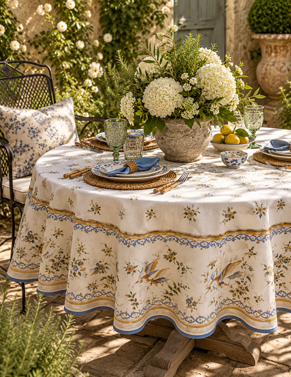 A round outdoor dining table covered with a cream tablecloth featuring a blue and gold floral border and bird motif. The table is set with plates, glasses, woven placemats, a large white flower arrangement, and lemon slices, with patio chairs and garden foliage in the background.