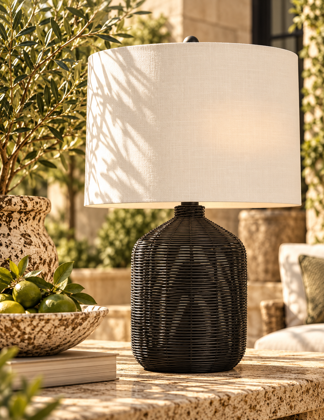 Harbor Weave Rattan Table Lamp with Drum Shade | Black or Natural Brown