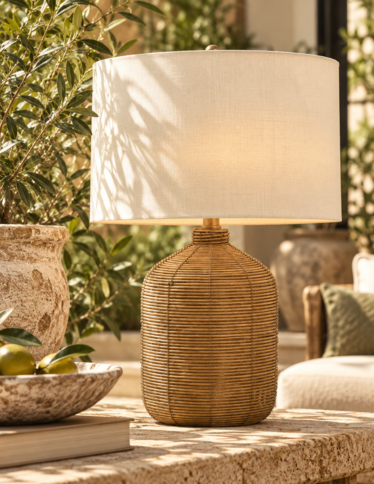 Harbor Weave Rattan Table Lamp with Drum Shade | Black or Natural Brown