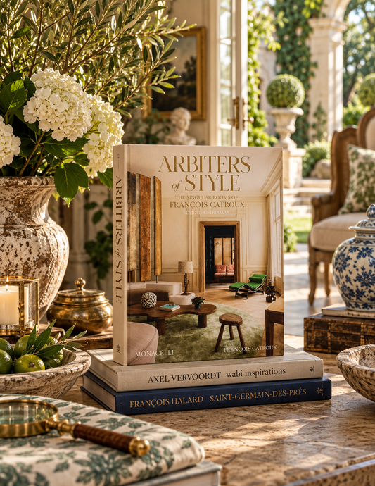 A hardcover book titled "Arbiters of Style" stands upright on top of two other books on a stone table in a sunlit, elegant interior setting with flowers, chairs, and decorative objects around it.