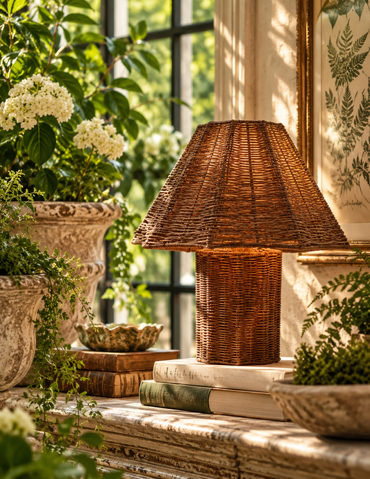 A rustic wicker table lamp with a conical shade and cylindrical base, styled on a stone windowsill surrounded by books, potted plants, and warm sunlight.