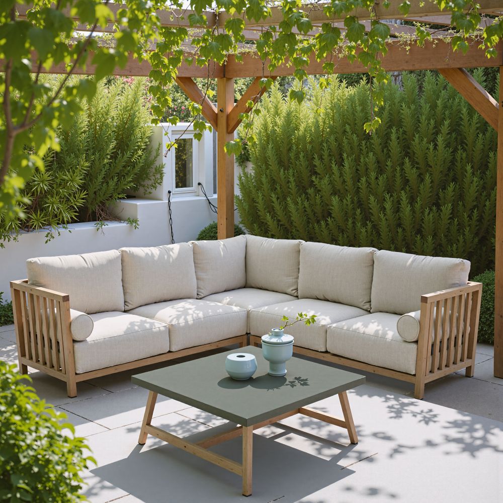 Teras Outdoor Sectional Sofa – Taupe Cushions & Acacia Wood