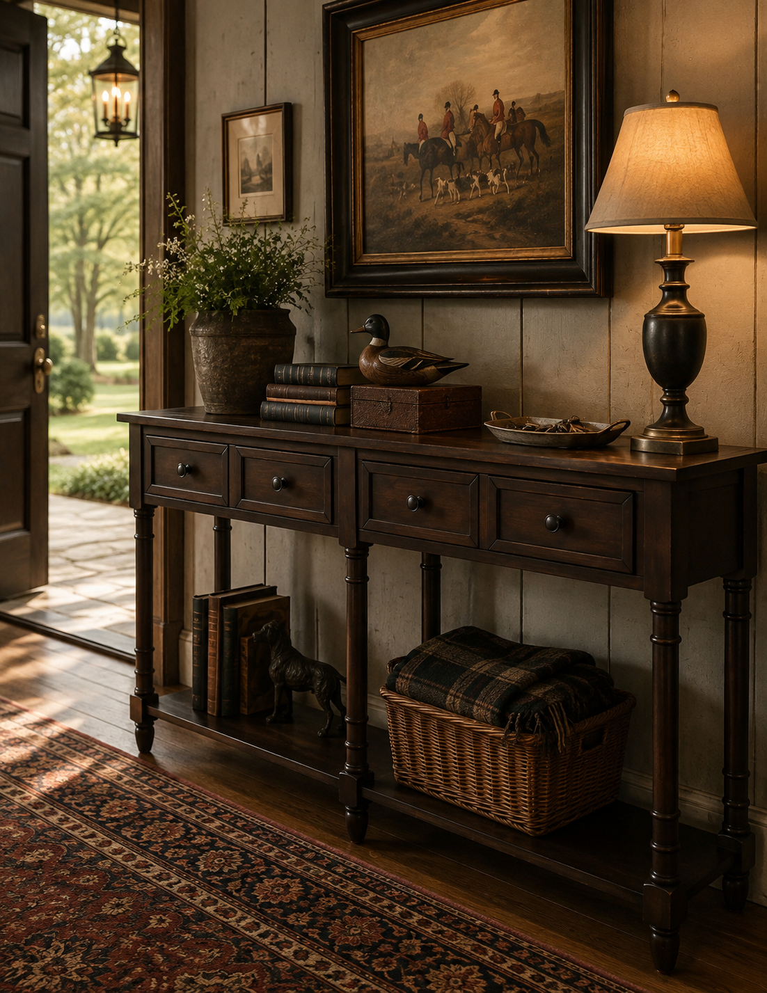 A dark wood console table in a rustic home interior, styled with a lit table lamp, a potted plant, books, a duck figurine, a framed painting, and a wicker basket with a plaid throw blanket.