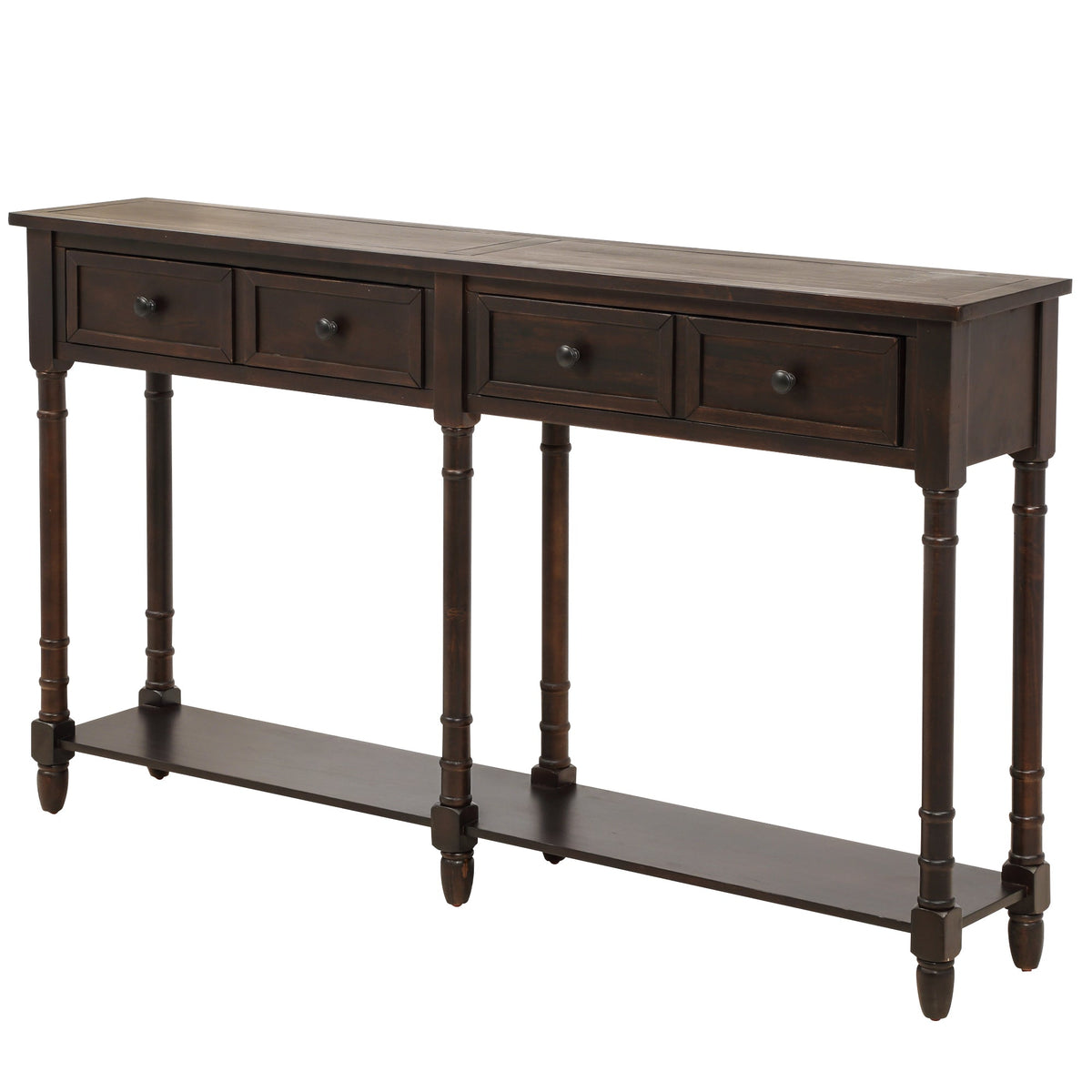 Dark wood console table with four drawers on a white background