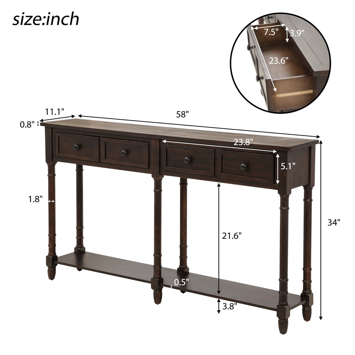 Wooden console table with dimensions labeled on a white background