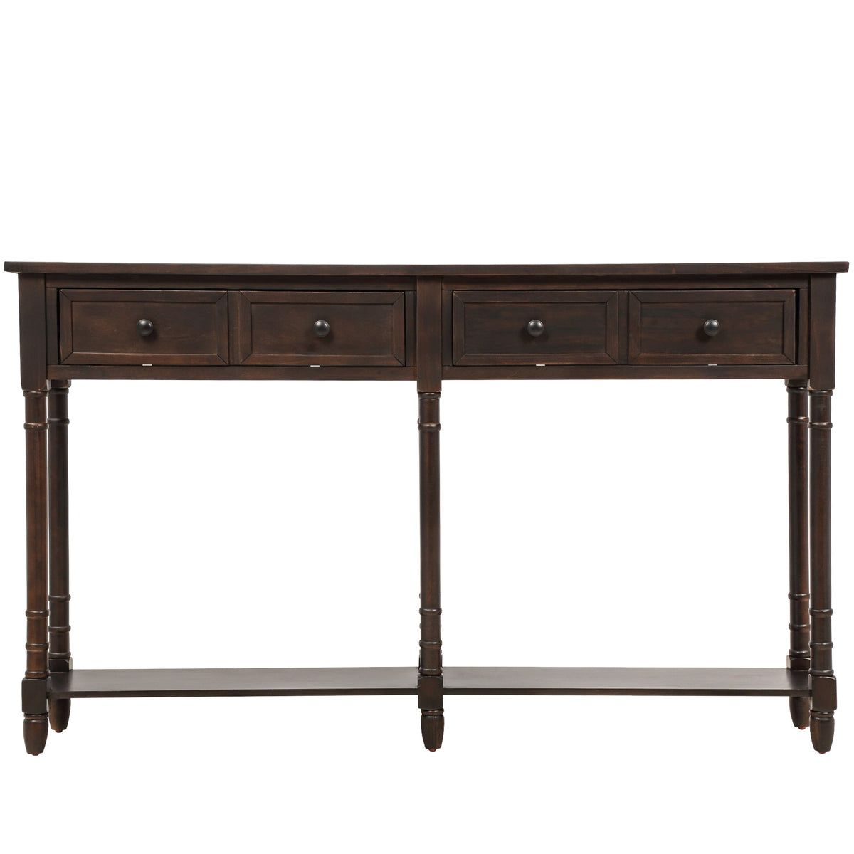 Dark wood console table with four drawers on a white background