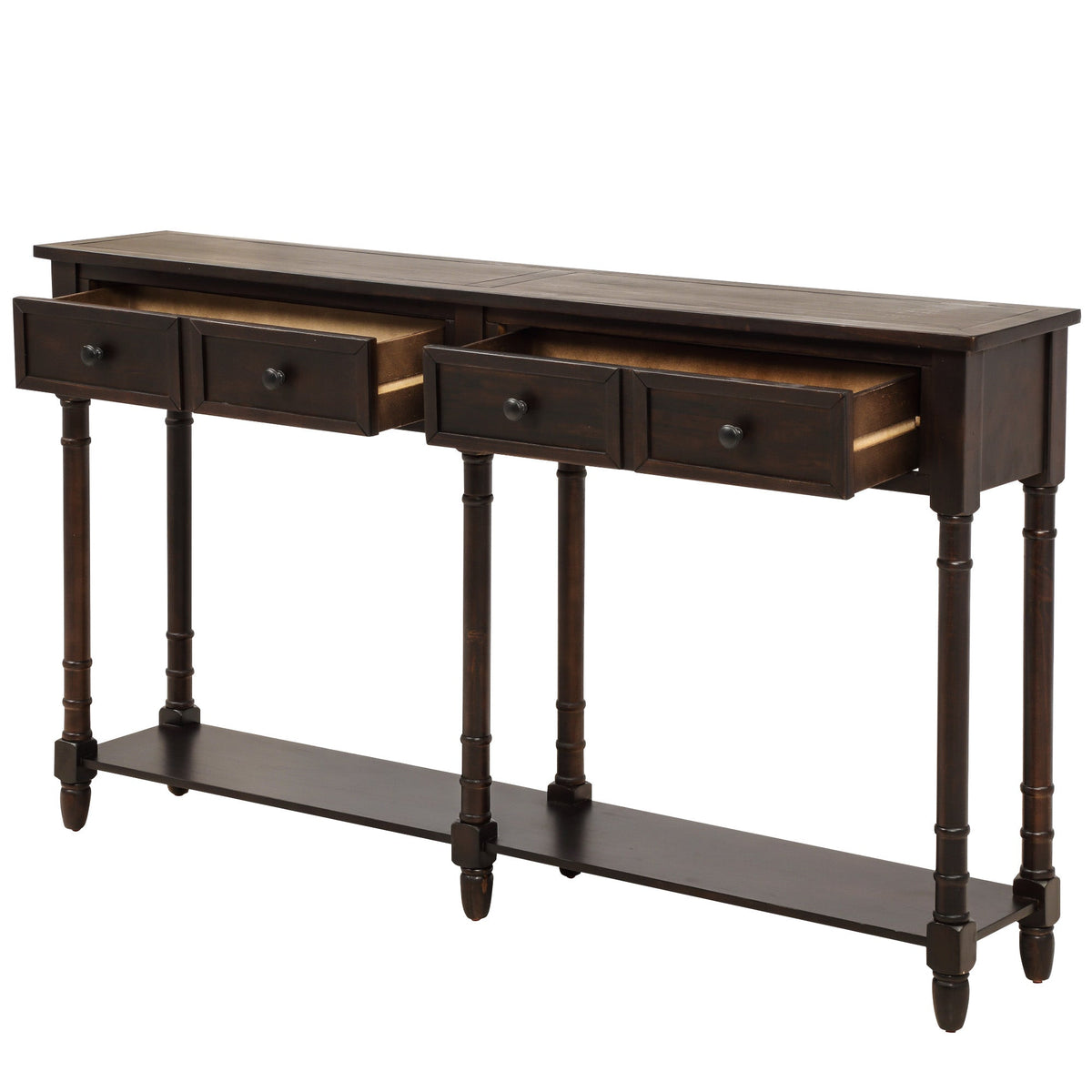 Dark wood console table with drawers on a white background