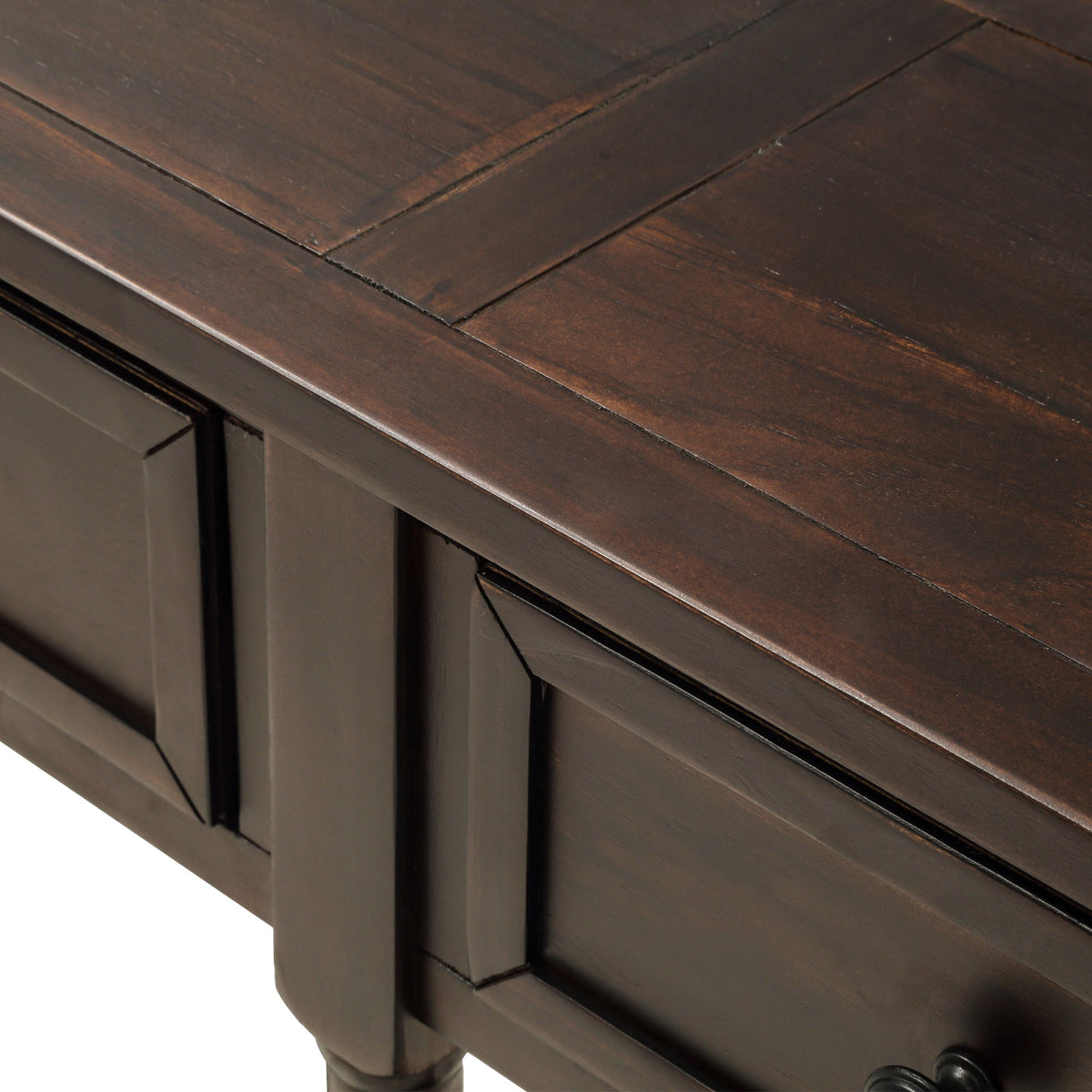 Dark wood console table with drawers on a white background
