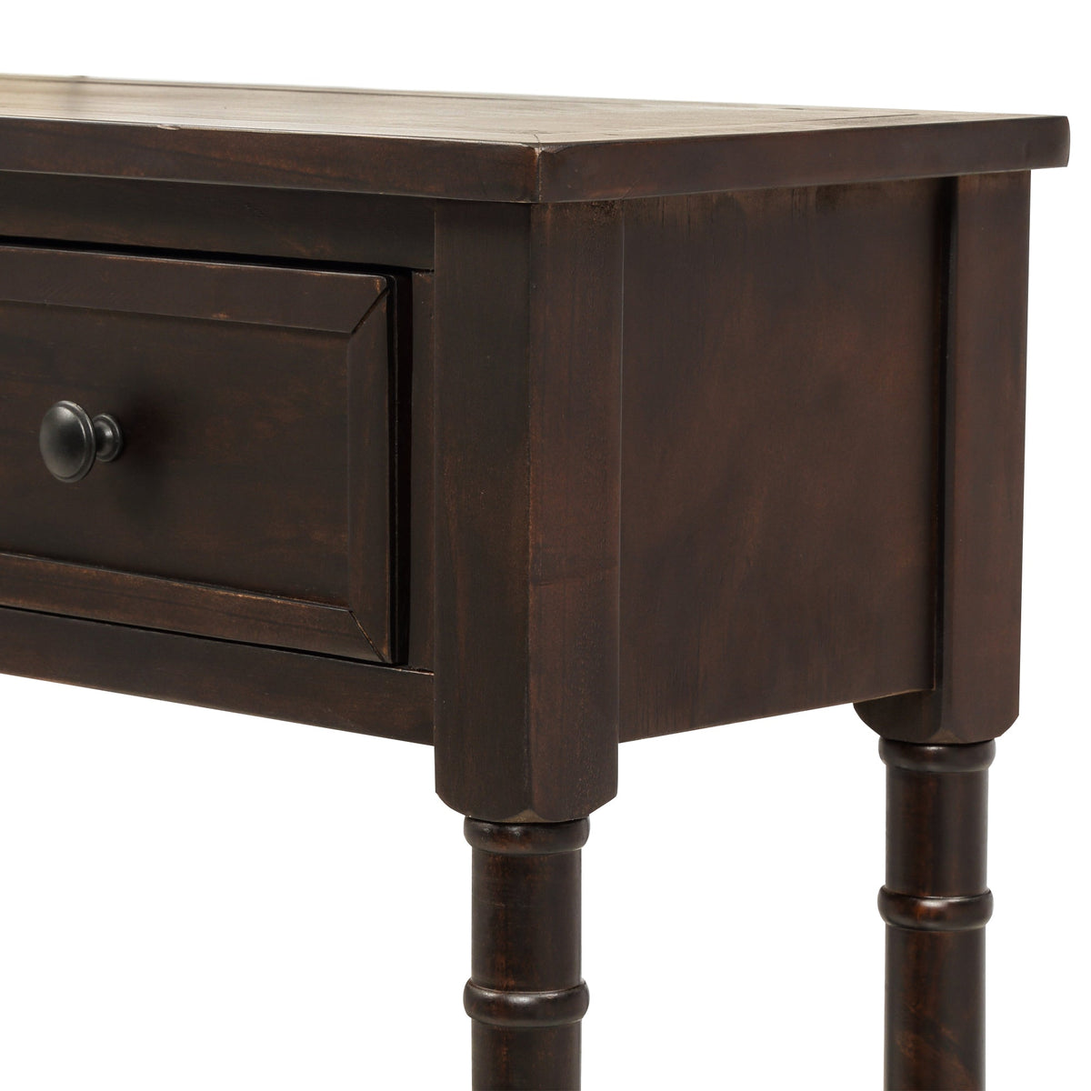 Dark wooden side table with a drawer on a white background