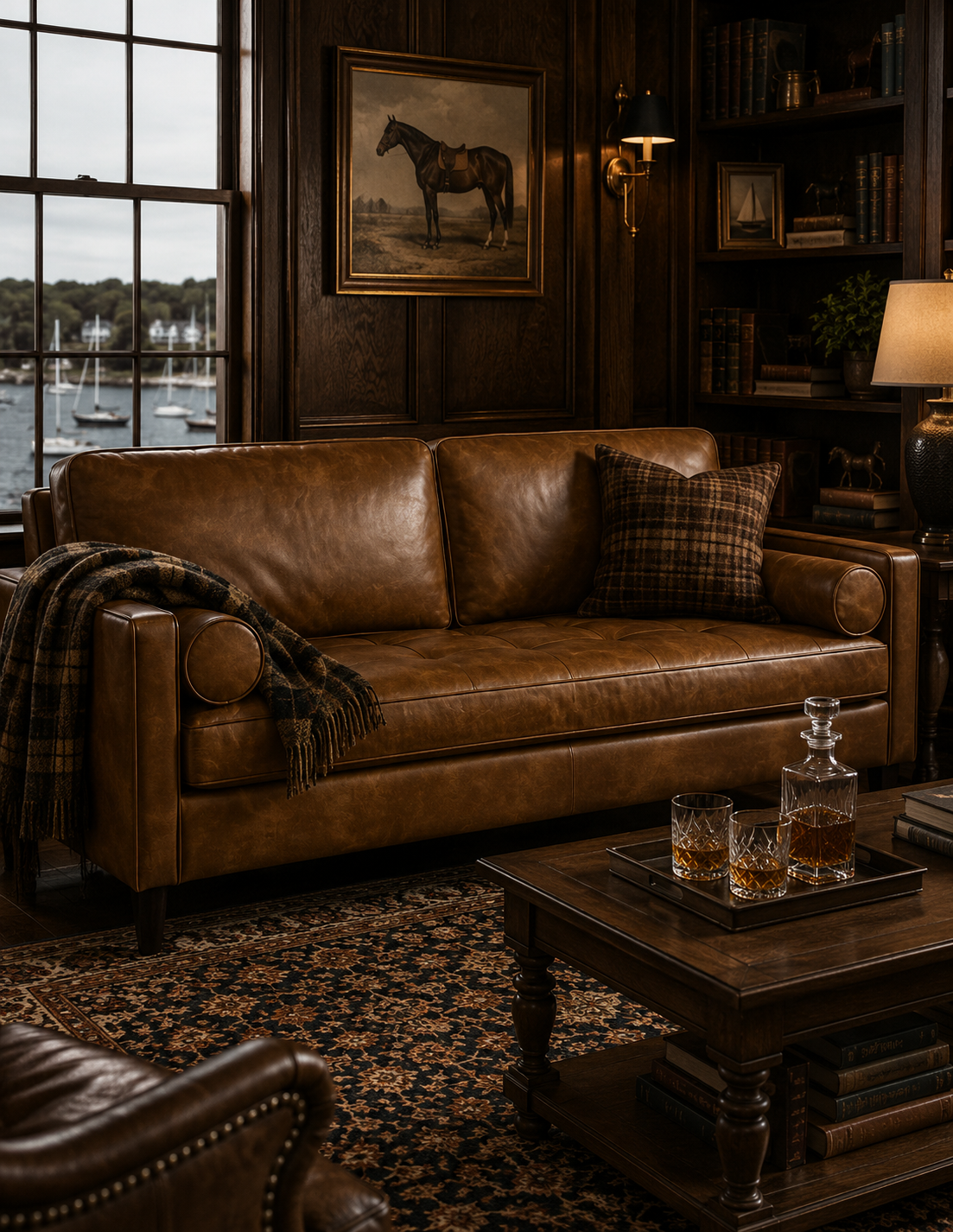 A brown leather sofa in a rustic, dark wood-paneled living room with a plaid throw blanket, a framed horse painting on the wall, and a wooden coffee table in the foreground.