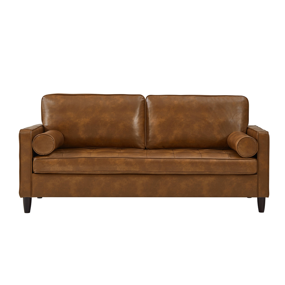 A brown leather loveseat sofa with cylindrical armrests and dark tapered legs, shown against a plain white background.
